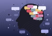 A human head is filled with colorful speech bubbles, symbolizing