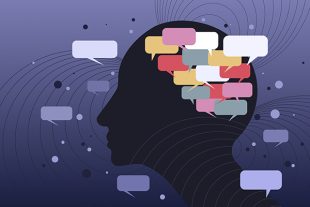 A human head is filled with colorful speech bubbles, symbolizing