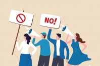 Employee protest, work strike or people demonstration, social gathering, activism protest for civil right, democracy or politic concept, people carrying protesting sign shouting on megaphone.
