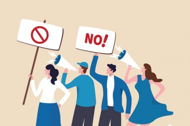 Employee protest, work strike or people demonstration, social gathering, activism protest for civil right, democracy or politic concept, people carrying protesting sign shouting on megaphone.