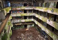 Abandoned hotel on the Azores islands ruins of the building.