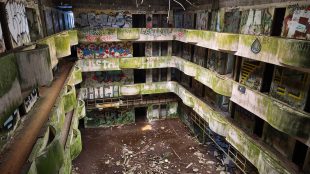 Abandoned hotel on the Azores islands ruins of the building.