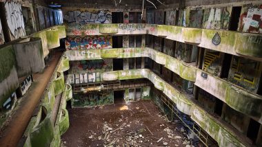 Abandoned hotel on the Azores islands ruins of the building.