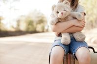 Little Girl with Ragged Teddybear and Suitcase - Poverty, Homelessness, Runaway Child