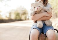 Little Girl with Ragged Teddybear and Suitcase - Poverty, Homelessness, Runaway Child