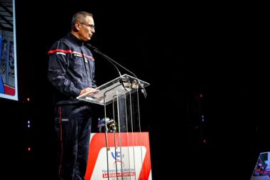 Le président de la Fédération nationale des sapeurs-pompiers de France, le colonel Jean-Paul Bosland, s'exprimant le 10 octobre devant le congrès national réuni au Mans (Sarthe).