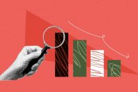 Geometric abstract red bg with halftone collage elements. Hand hold magnifying glass with down chart. Vibrant banner. Vector illustration in bright and bold trendy popart style.