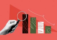 Geometric abstract red bg with halftone collage elements. Hand hold magnifying glass with down chart. Vibrant banner. Vector illustration in bright and bold trendy popart style.