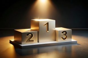 A champions podium awaits with first, second, and third place illuminated by a spotlight