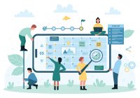 Business project planning online, strategy of time management vector illustration. Cartoon tiny people holding magnifying glass to plan and check daily events, appointments in planner app, to do list