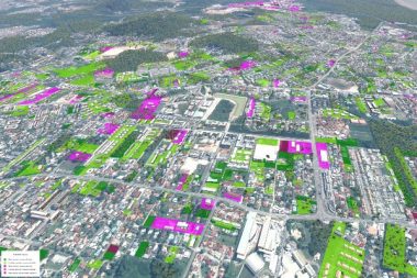Illustration de l’analyse du potentiel foncier de la ville de Cayenne, cheflieu
de la Guyane (foncier disponible, recherche de dents creuses, fonds
de parcelles aménageables...