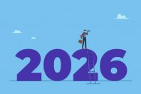Confidence businessman with binoculars climb up ladder on year 2026. Year 2026 outlook, economic forecast or future vision, business opportunity or challenge ahead, year review or analysis.