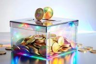 Holographic Ballot Box with Floating Coins: Wide Shot Showcasing Fundraising Donations in a Bright Space - Ideal for Campaign Finance Concepts