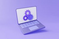 Computer laptop repair or updating software program system installation gear electronic development technology update device service information on purple background. 3d render illustration