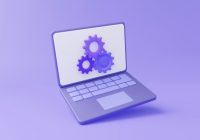 Computer laptop repair or updating software program system installation gear electronic development technology update device service information on purple background. 3d render illustration