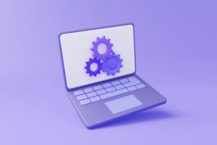 Computer laptop repair or updating software program system installation gear electronic development technology update device service information on purple background. 3d render illustration
