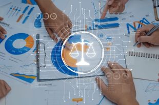 Business team analyzing financial data and statistics with digital icons representing justice and fairness in decision-making and analytics processes Trope