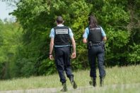Mulhouse - France - 29 April 2018 - french gendarmerie patrol with bulletproof vests in border forest