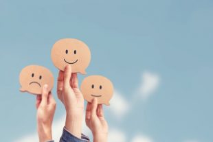 Customer showing rating with happy icon on sky background, Custo