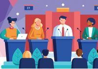 Political debate illustration showing diverse candidates at podiums facing an audience from behind