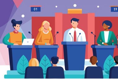Political debate illustration showing diverse candidates at podiums facing an audience from behind