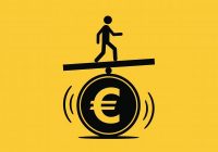 Person balancing on a euro coin seesaw, symbolizing financial risk and stability