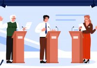 Political debates of leaders on podiums, election campaign and politics. Female and male politicians standing at rostrums with microphones, speakers meeting for discussion cartoon vector illustration