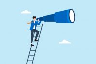 Flat illustration of businessman standing on ladder looking through giant telescope symbolizing future vision long term planning opportunity discovery strategic foresight and career direction