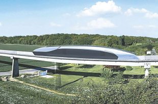 Pour les essais du Spacetrain (ici en images de synthèse sur une vue réelle), 10 des 18 km de la piste abandonnée de l'Aérotrain dans le Loiret seront utilisés.